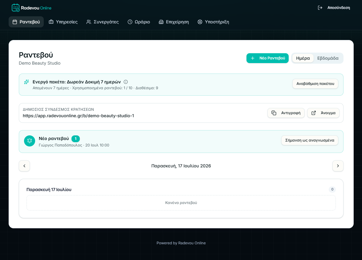 Dashboard μετά την επιτυχή σύνδεση